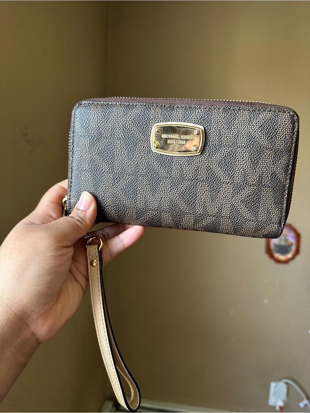 Michael Kors Brown Signature Zip Wallet Wristlet